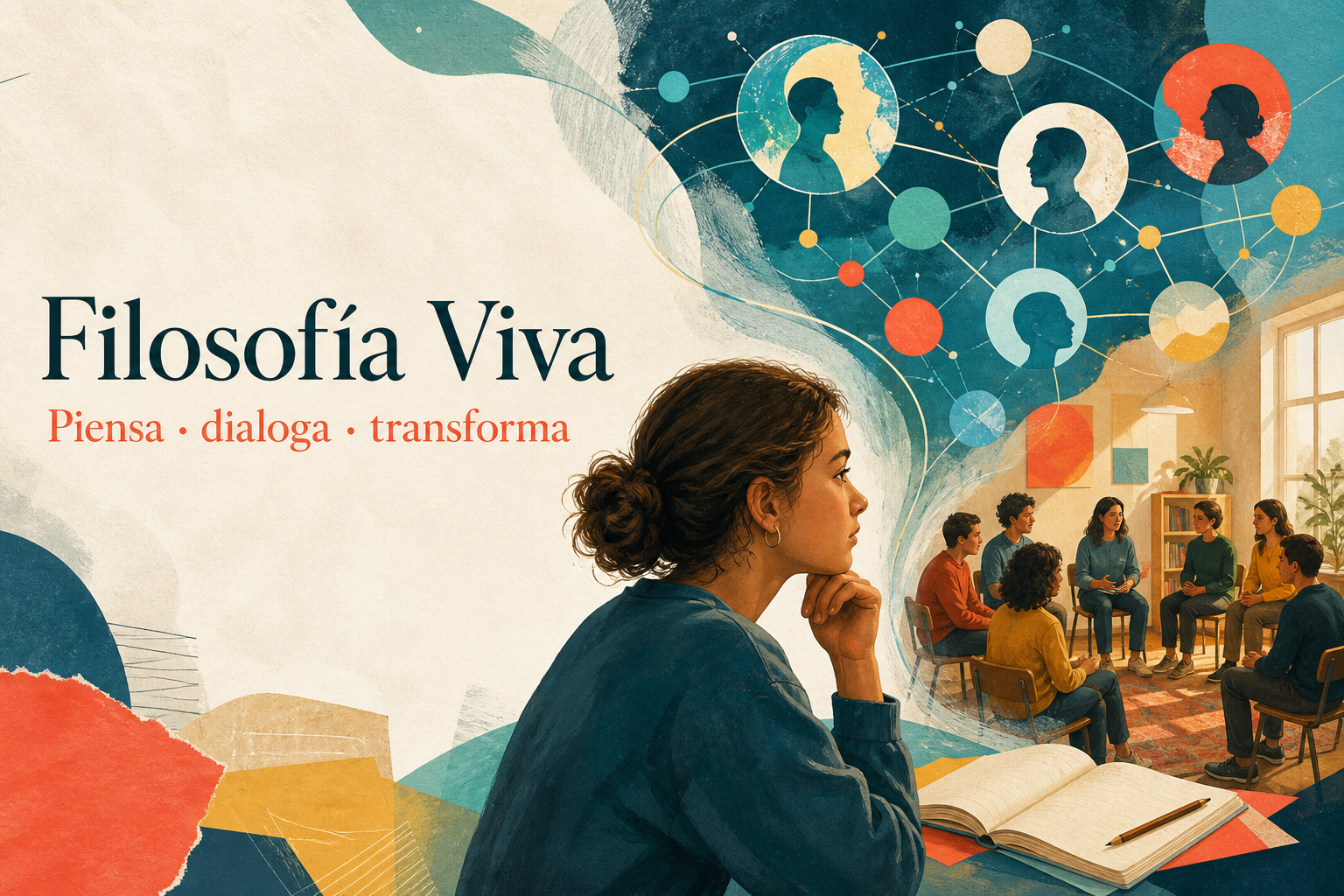 Estudiante que conecta una red de ideas virtuales con un diálogo filosófico presencial